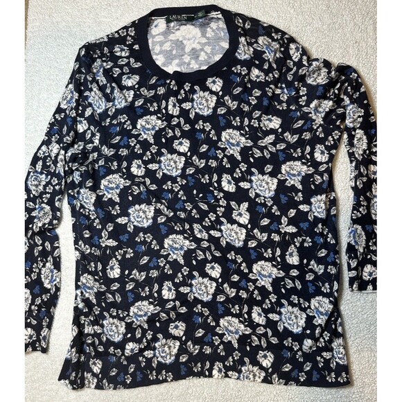 Lauren Ralph Lauren Crew Neck Floral Long Sleeve Sweater Ocean Blue Multi Sz 2X - Picture 1 of 9